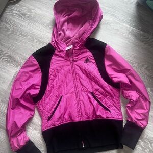 adidas Girls Bright Pink and Black Quilted Hooded Puffer Jacket
